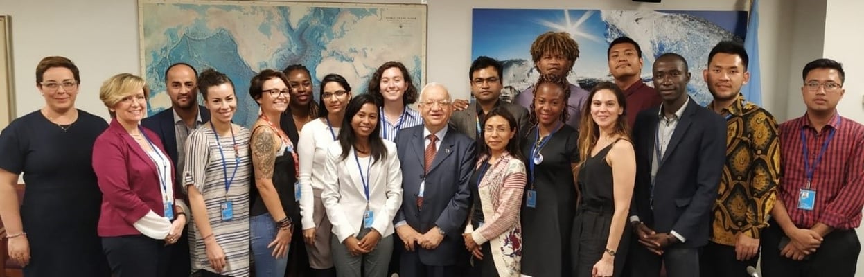 Left: V Germani (1st L) A Vassallo (2nd L) A Behnam (centre) and the UN Nippon Foundation Fellows of 2019. Photo credit: IOI HQ