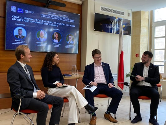 L-R: Ludovic Arnaud, Associate Expert (JPO) at UNCTAD, Rosalyn Kamp, Policy Lead, SOA Malta Hub, Conor Savage, Student Representative from the IOI Malta Class of 2024, Cosmin Chivu, Project Officer IOI