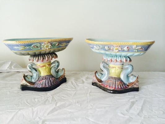 Majolica Centrepieces | Floret Pattern to Dish Resting on Pedestal with Two Supporting Dolphins | H:195 x W:255 x D:145mm | Price: $245.00 pair
