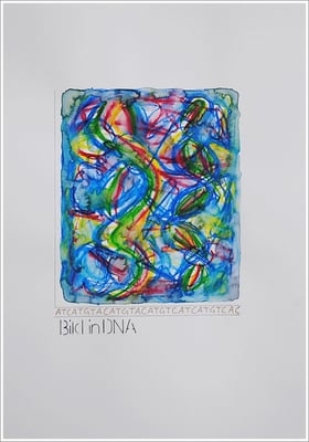 Aquarellfarbstift, Bleistift, Pigmenttinte-Liner auf Papier, 21 cm x 29,7 cm, - 2021 ( " Bild in DNA gespeichert " )