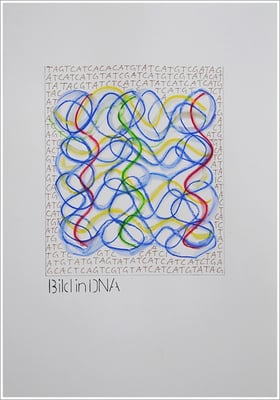 Aquarellfarbstift, Bleistift, Pigmenttinte-Liner auf Papier, 21 cm x 29,7 cm, - 2021 ( " Bild in DNA gespeichert " )