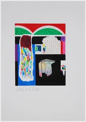 Aquarellfarbstift, Bleistift, Pigmenttinte-Liner auf Papier, 21 cm x 29,7 cm, - 2021 ( " Bild in DNA gespeichert " )