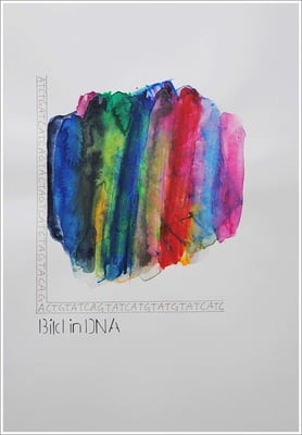 Aquarellfarbstift, Bleistift, Pigmenttinte-Liner auf Papier, 21 cm x 29,7 cm, - 2021 ( " Bild in DNA gespeichert " )