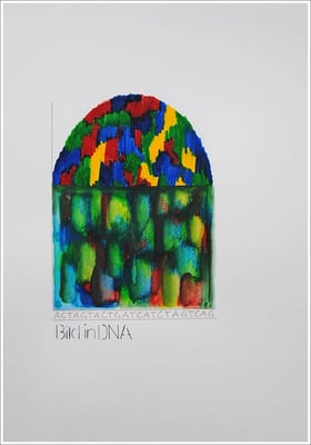 Aquarellfarbstift, Bleistift, Pigmenttinte-Liner auf Papier, 21 cm x 29,7 cm, - 2021 ( " Bild in DNA gespeichert " )