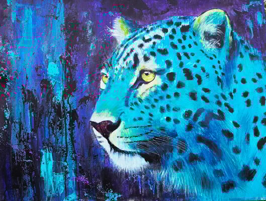 "Türkis Panther" Acryl, Papier 50x65cm, 250 Franken