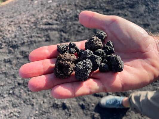 die schwarzen Lavakügelchen sehen aus wie Kohle, aber sie sind leicht und sauber da kein Kohlenstoff darin ist.
