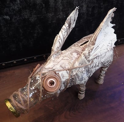 Piggy bank - Paper maché, glass bottle, string, beads