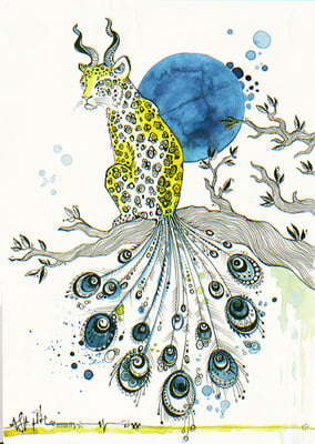 "Leopard Chimaera", watercolours & fineliner, 2016