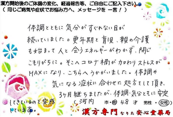 【 コロナうつ・閉じこもり・更年期 】（茨城県河内町・48才・女性）