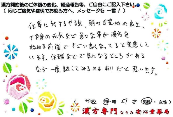 【 睡眠障害・精力減退・脱毛 】（印西市・27才・男性）