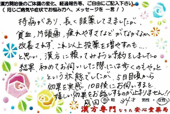【 混合性結合組織病（ ｽﾃﾛｲﾄﾞ 免疫抑制剤 服用）・不妊治療中（ 貧血 片頭痛 息切れ ）成田市・34才・女性　