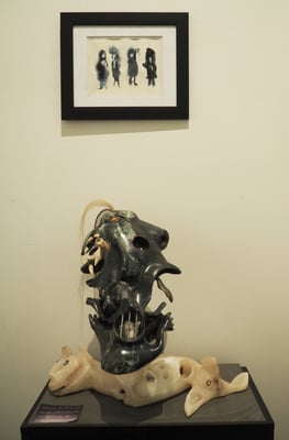 Sculpture 'Guernica' by Floyd Kuptana  Ink wash by deborah harris