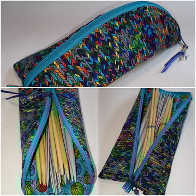 Geschwungenes Etui, in dem man Nadelspiele oder Häkelnadeln aufbewahren kann (12€). Hier passen noch mehr hinein als ins flache Etui.