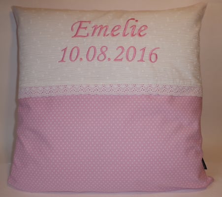 K Romantik-Kissen, mit Name + Geburtsdatum, hier in 40x40 cm, Preis wie abgebildet 29,-