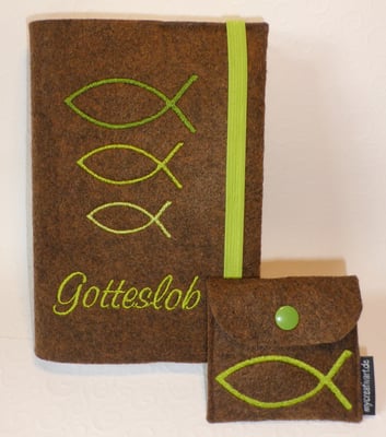 Stickdatei Fische groß-klein in grün auf Filz in braun-meliert mit passendem Rosenkranztäschchen Fisch (Stickdateien von Taera-DIY)