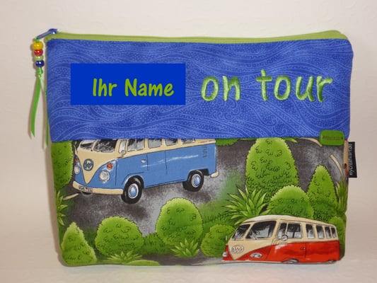 Tasche fürs Navi oder sonstiges Reisezubehör, z.B. Technikkabel, Akkus, Tablet,... Dieser Stoff ist vergriffen, aber andere Designs mit Camper/Van-Motiven vorrätig