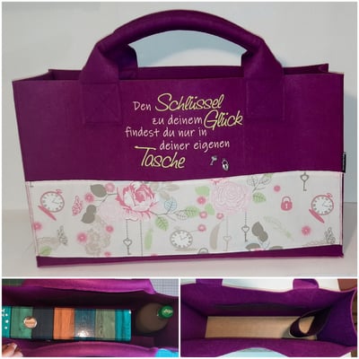 Große (50x10x30 cm),robuste Filztasche, m.geplottetem Spruch,aufgenähtem Stoff,formstabilen Griffe,Kunstlederboden außen,innen dünner Holzplatte zur Stabilisierung,Innenfächer,Flaschenhalter innen; Karabiner f. Schlüssel, Preis wie hier beschrieben 59€.