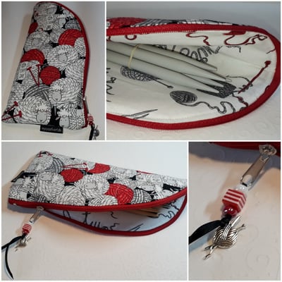 Flaches Täschchen zum aufbewahren von Nadelspielen oder Häkelnadeln, mit witzigem Schafestoff (12 €). Man kann darin aber auch Schmuck mit auf Reisen nehmen, flache Brillen aufbewahren und Mädelskram unterbringen 