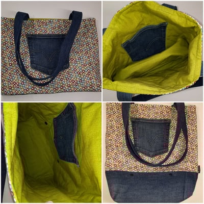 Variotasche (Beispiel!) die in der Größe verstellbar ist, mit langen (auf Wunsch kurzen) Henkeln. Mit Druckknöpfen kann das untere Teil nach innen gesteckt werden, verändert die Außenansicht und das Innenleben - dann hat sie innen fast zwei Fächer. (38€).