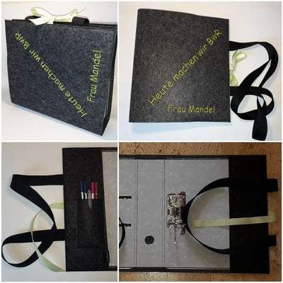 Eine Ordnertasche zum umhängen, mit Einsteckfächern für Stifte, Motiv nach Wunsch, geplottet oder gestickt. Preis ohne Stickerei 18€, mit Stickerei je nach Motiv/ Aufwand.  
