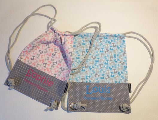 Nikolaussäckchen, das als Rucksackbeutel upgegradet wurde und somit auch für Turnsachen oder sonstiges geeigent ist, für Krabbelgruppe. Damit Name auch bei befüllter Tasche lesbar ist, wurde er im oberen Bereich angebracht...