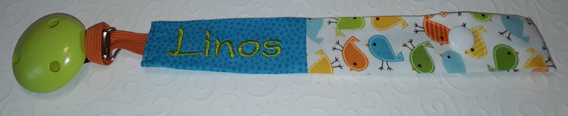 SK "Vögel klein orange-grün", Stoff reicht nur noch für drei Schnullerketten