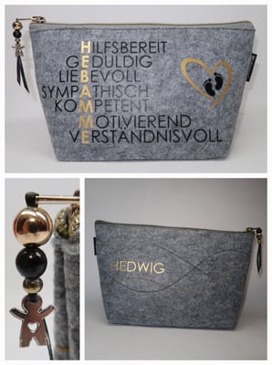 Filztäschchen als Dankeschön für die Hebamme. Rückseitengestaltung optional. Im Onlineshop bestellbar.