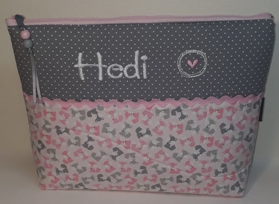 WTB "Füchse rosa" mit grauem Stoff und Stickmotiv "Kreiselherz" (Stickdatei Rock-Queen)