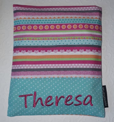 BK Bordüre mit Herzen in rosa-türkis (nur noch sehr wenig Stoff da: für ein Wärmekissen + eine Schnullerkette)