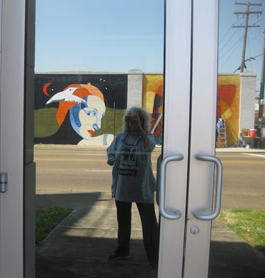 Reflections from a glass door across the street.