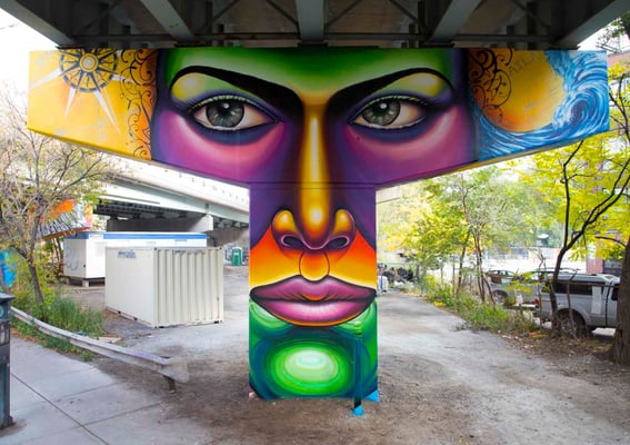 "THE PAST" from the Mural Series "Frozen Memories": King St.E/Adelaide Underpass, Toronto, Canada.  Lead Artist & Project Director: Shalak Attack  Artistic Collaborator: Brunosmoky  Project Assistant: Fiya Bruxa  Photo/video: Yas Parodi  Oct 2014 