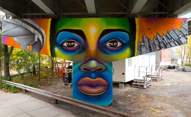 "THE FUTURE" from the Mural Series "Frozen Memories": King St.E/Adelaide Underpass, Toronto, Canada.  Lead Artist & Project Director: Shalak Attack  Artistic Collaborator: Brunosmoky  Project Assistant: Fiya Bruxa  Photo/video: Yas Parodi  Oct 2014