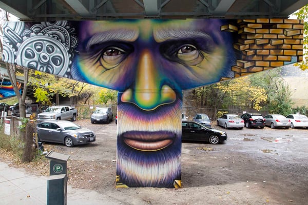 "THE WORKER" from the Mural Series "Frozen Memories": King St.E/Adelaide Underpass, Toronto, Canada.  Lead Artist & Project Director: Shalak Attack  Artistic Collaborator: Brunosmoky  Project Assistant: Fiya Bruxa  Photo/video: Yas Parodi  Oct 2014