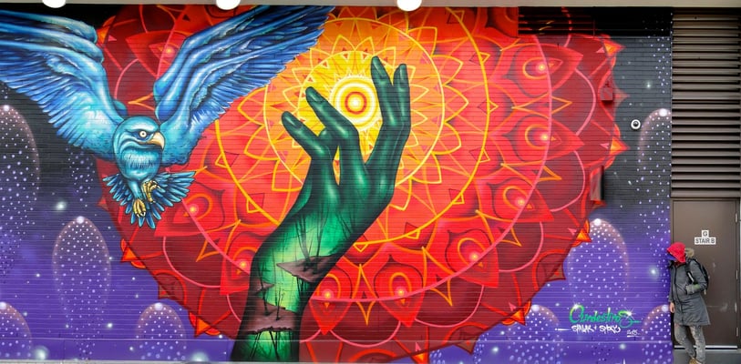 Regent Park Community Mural Detail. Celebrating the past and the future of the community and personifying its history with the themes of hope, strength, unity, multiculturalism, nature and city.