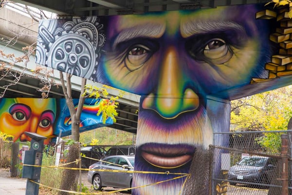 "THE WORKER" from the Mural Series "Frozen Memories": King St.E/Adelaide Underpass, Toronto, Canada.  Lead Artist & Project Director: Shalak Attack  Artistic Collaborator: Brunosmoky  Project Assistant: Fiya Bruxa  Photo/video: Yas Parodi  Oct 2014