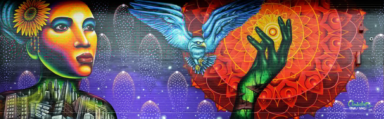 Regent Park Community Mural by the Clandestinos (Shalak and Smoky), 18ft x 55ft, one year community outreach process for the Toronto Community Housing, Daniels Corp and Artscape, July 2014 - April 2015.  