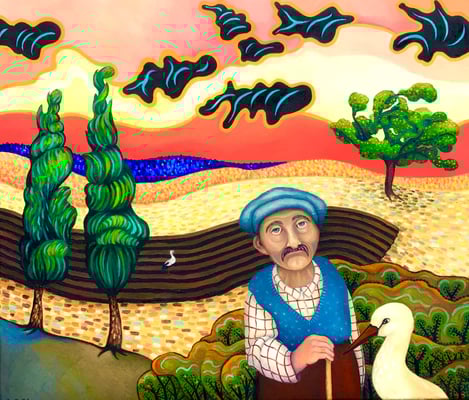 Der alte Mann und der Storch. Öl auf Leinwand, 60x70 cm. ©Sonja Rieser 2021