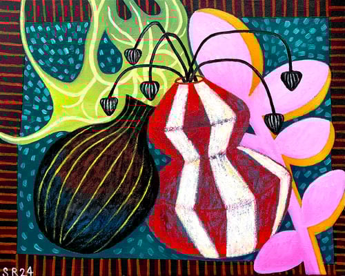 Vasen- Affäre, 40x50 cm. Öl und Kreide auf Leinwand ©Sonja Rieser 2024