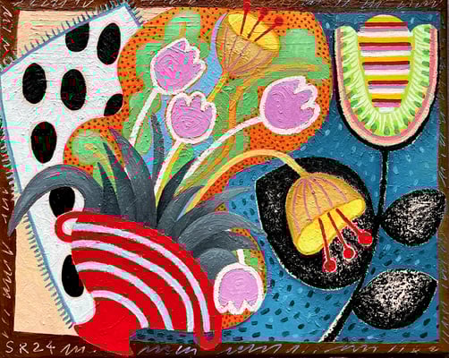 Blumenstrauss von der Tankstelle, 40x50 cm. Öl und Kreide auf Leinwand ©Sonja Rieser 2024 VERKAUFT