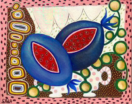 blaue Melonen, 40x50 cm. Öl und Kreide auf Leinwand ©Sonja Rieser 2024