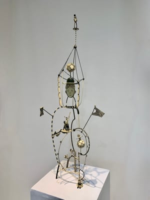 Mr. Peanut  2022  Acrylic on steel, paper, wire, epoxy, wood. 43 x 17 x 14” (Private collection)