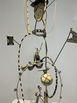 Mr. Peanut  2022  (detail) Acrylic on steel, paper, wire, epoxy, wood. 43 x 17 x 14”