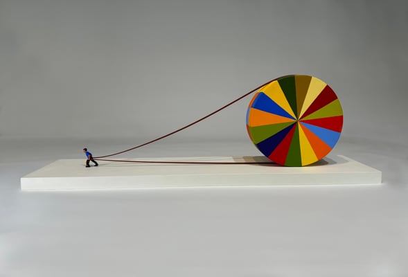 The Wheel, 2024. Acrylic on wood, Aqua Resin, epoxy, steel, and polystyrene.  12 x 32 x 7” (Private collection)