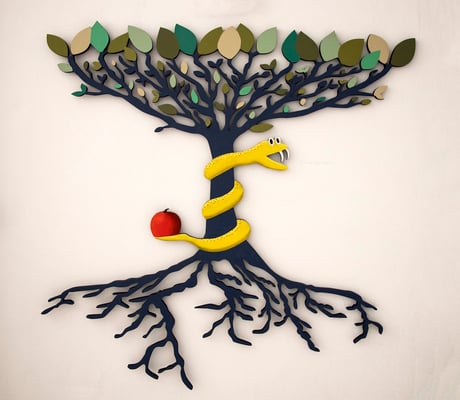 "No nos dejes caer..." - Serie El Bien y el Mal" - 130 x 123 cm - Madera calada, acrílicos y óleos - 2017