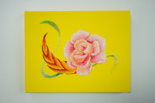 「黄色」14×18cm、刺繍、アクリル