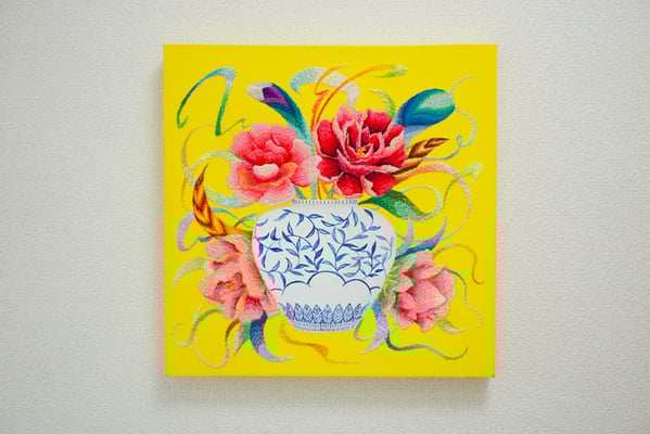 「極彩」40×40cm、刺繍、アクリル