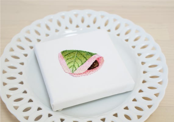 おやつシリーズ「桜餅」10×10cm、刺繍
