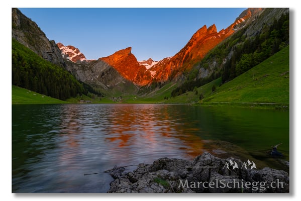Marcel Schiegg Fotografie, Marcel Schiegg, Seealpsee, Alpenglühen, Alpstein, Appenzell, Appenzellerland