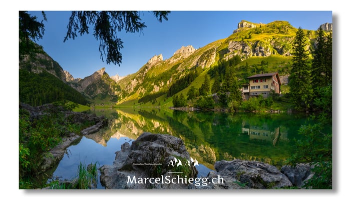 Marcel Schiegg Fotografie, Seealpsee, Berggasthaus Seealpsee, Panorama, Spiegelung, Alpstein, Appenzell, Appenzellerland