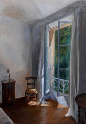 Chaise avec vue, huile sur toile 92 x 65 cm